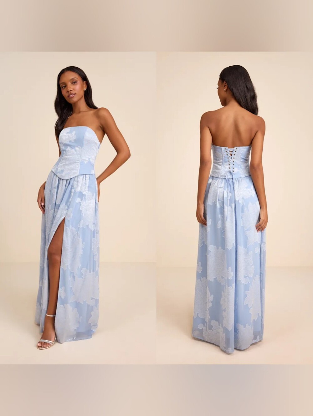 Lulus Alanis Light Blue Floral Burnout Lace-Up Maxi Dress M Wedding Party Formal